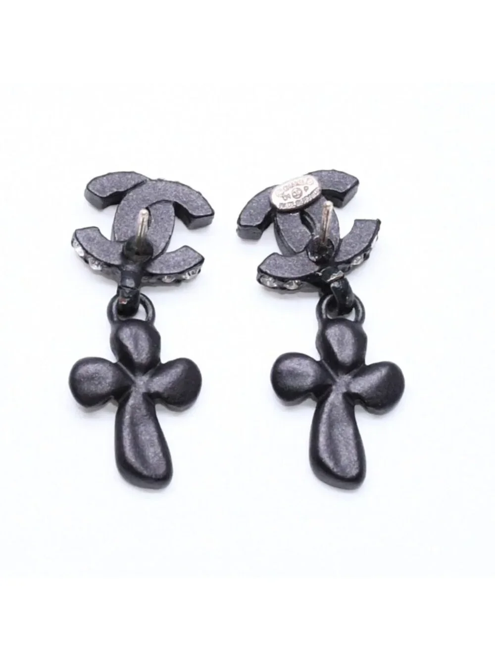 Chanel CC Logo Drop Earrings 01 Metal Rhinestone Black Clear